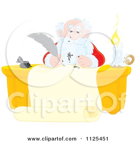 Cartoon Of Santa Writing A List With A Messy Ink Quill - Royalty Free Clipart by Alex Bannykh