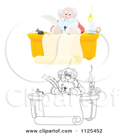 Cartoon Of Colored And Outlined Scenes Of Santa Writing With A Messy Ink Quill - Royalty Free Clipart by Alex Bannykh