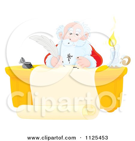 Cartoon Of Santa Writing With A Messy Ink Quill - Royalty Free Clipart by Alex Bannykh