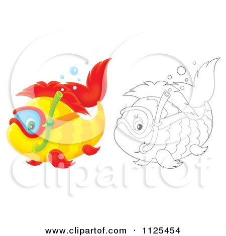 Cartoon Of Outlined And Colored Happy Snorkeling Fish - Royalty Free Clipart by Alex Bannykh
