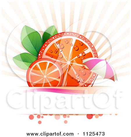 Clipart Of Blood Orange Slices Rays And Copyspace With An Umbrella On White - Royalty Free Vector Illustration by merlinul