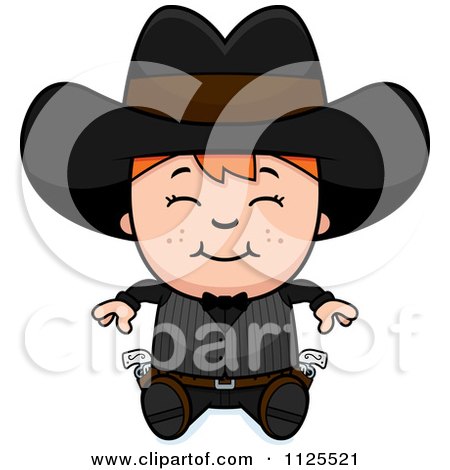 Cartoon Of A Happy Red Haired Gunslinger Boy Sitting - Royalty Free Vector Clipart by Cory Thoman