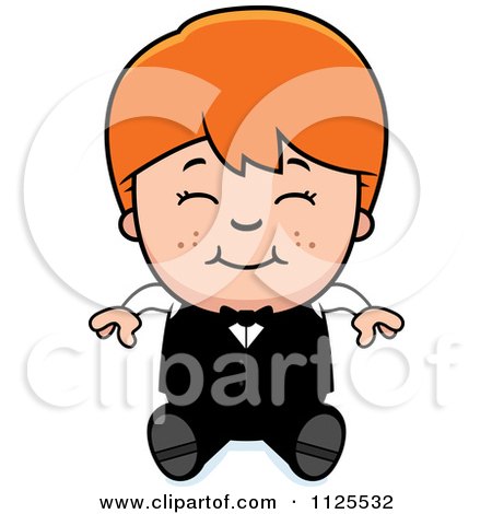 Cartoon Of A Happy Red Haired Waiter Boy Sitting - Royalty Free Vector Clipart by Cory Thoman