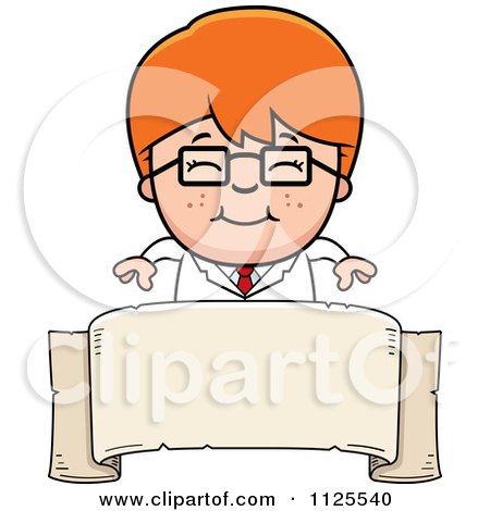 Cartoon Of A Happy Red Haired Scientist Boy Over A Banner - Royalty Free Vector Clipart by Cory Thoman