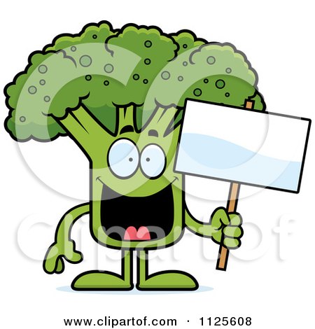 Cartoon Of A Broccoli Mascot Holding A Sign - Royalty Free Vector Clipart by Cory Thoman