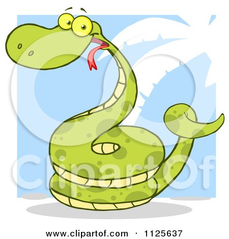 Cartoon Of A Happy Coiled Green Snake On A Blue And White Palm Tree Background - Royalty Free Vector Clipart by Hit Toon