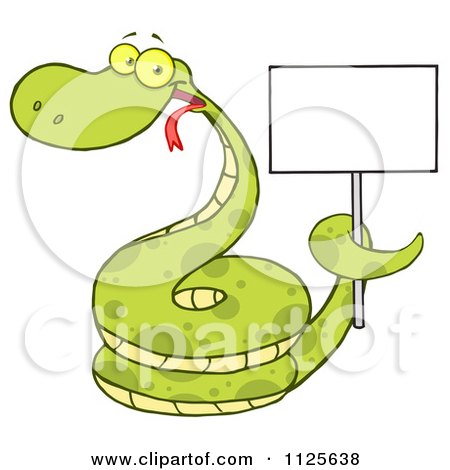Cartoon Of A Happy Coiled Green Snake Holding A Sign - Royalty Free Vector Clipart by Hit Toon