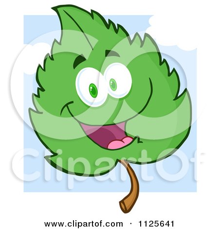 Cartoon Of A Happy Green Leaf Character Against A Sky - Royalty Free Vector Clipart by Hit Toon