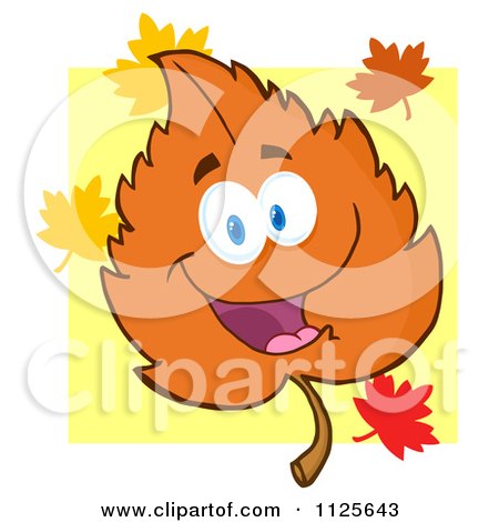 Cartoon Of A Happy Orange Autumn Leaf Character Over Yellow - Royalty Free Vector Clipart by Hit Toon