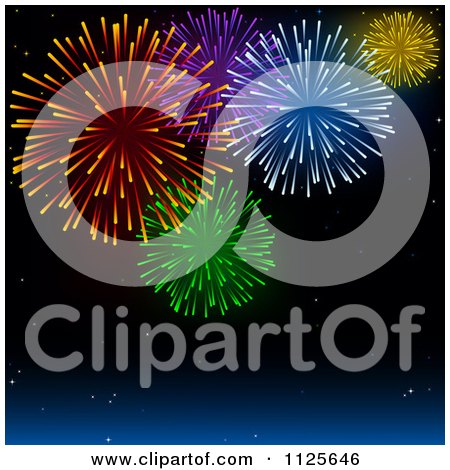 Clipart Of A Night Sky With Colorful Holiday Fireworks - Royalty Free Vector Illustration by dero