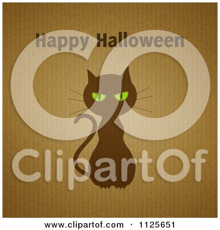 Clipart Of Happy Halloween Text Over A Cat With Green Eyes On Corrugated Cardboard - Royalty Free Illustration by elaineitalia