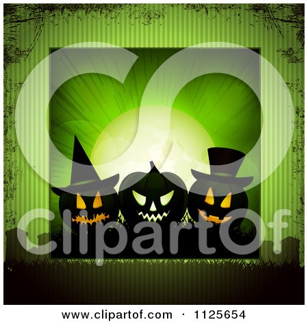 Clipart Of Glowing Halloween Jackolantern Pumpkins Over Tombstones On Grungy Green - Royalty Free Vector Illustration by elaineitalia