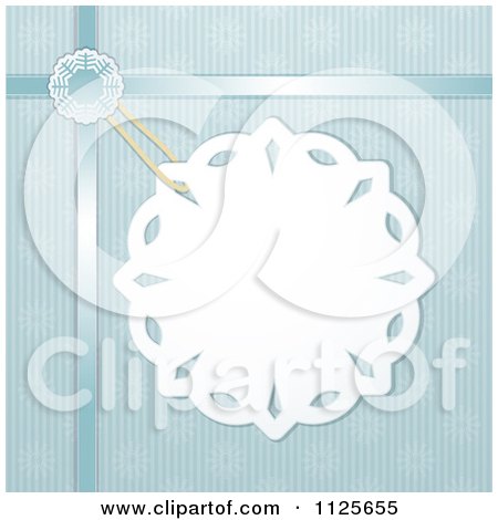 Clipart Of A Paper Snowflake Gift Tag With Blue Ribbons And Wrap - Royalty Free Vector Illustration by elaineitalia
