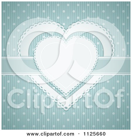Clipart Of A White Doily Heart And Ribbon Over Polka Dots On Blue - Royalty Free Vector Illustration by elaineitalia