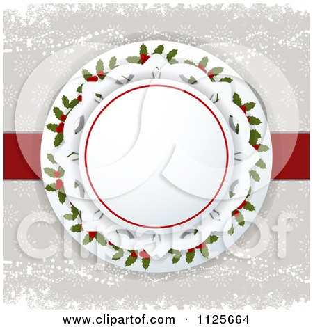 Clipart Of A Christmas Circle Of Holly Over Snowflakes - Royalty Free Vector Illustration by elaineitalia