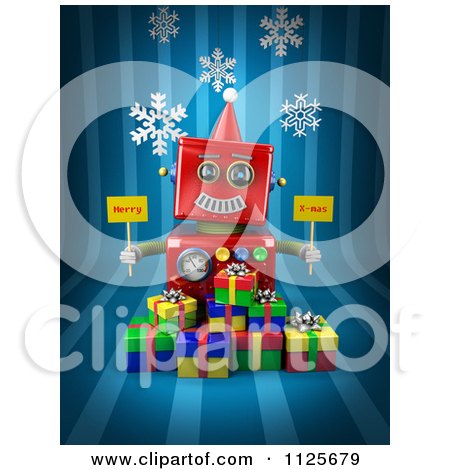 Clipart Of A 3d Red Robot Holding Merry X Mas Signs Over Gift Boxes On Blue With Snowflakes - Royalty Free CGI Illustration by stockillustrations