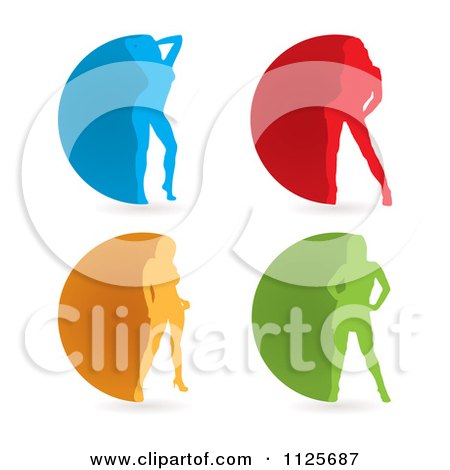 Clipart Of Colorful Silhouetted Sexy Women Posing Icons With Shadows - Royalty Free Vector Illustration by michaeltravers