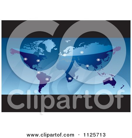 Clipart Of A Reflective Blue World Map With Business City Destinations - Royalty Free Vector Illustration by michaeltravers
