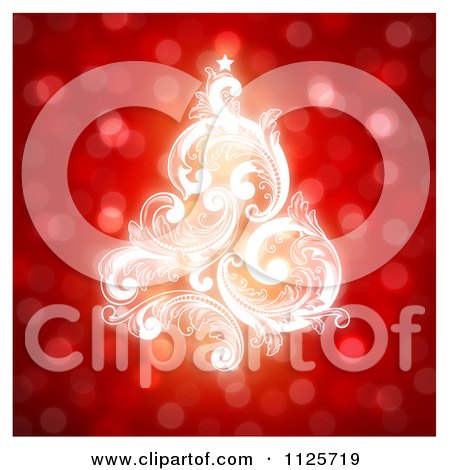 Clipart Of A Magical White Baroque Christmas Tree Over Red Bokeh Lights - Royalty Free Vector Illustration by elena