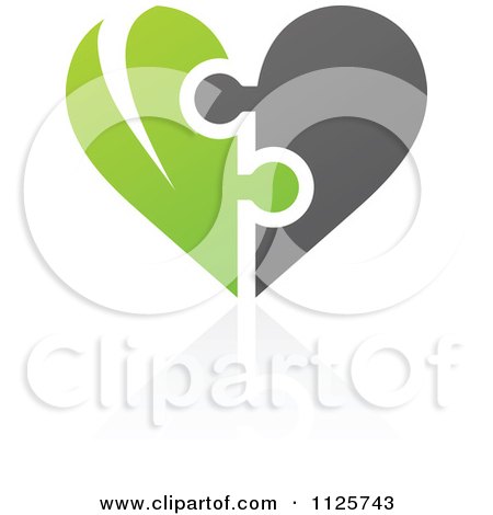 Clipart Of A Green And Gray Organic Heart Puzzle With A Reflection - Royalty Free Vector Illustration by elena