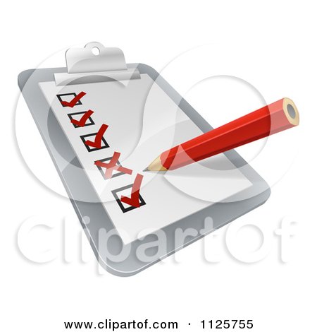 Clipart Of A 3d Pencil Checking Off Boxes On A Clipboard Poll - Royalty Free Vector Illustration by AtStockIllustration