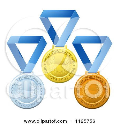 Clipart Of 3d Gold Silver And Bronze Prize Medals On Blue Ribbons - Royalty Free Vector Illustration by AtStockIllustration