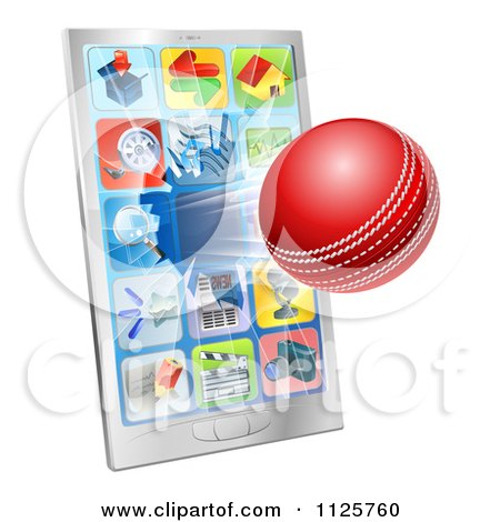 Clipart Of A 3d Cricket Ball Flying Through And Breaking A Cell Phone Screen - Royalty Free Vector Illustration by AtStockIllustration