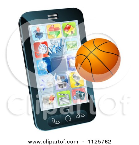 Clipart Of A 3d Baseketball Flying Through And Breaking A Cell Phone Screen - Royalty Free Vector Illustration by AtStockIllustration