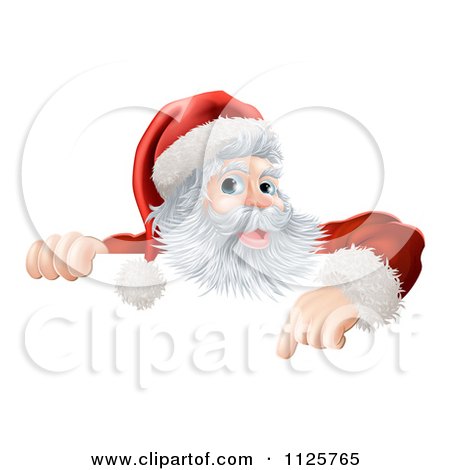 Clipart Of A Happy Santa Claus Pointing Down At A Christmas Sign - Royalty Free Vector Illustration by AtStockIllustration