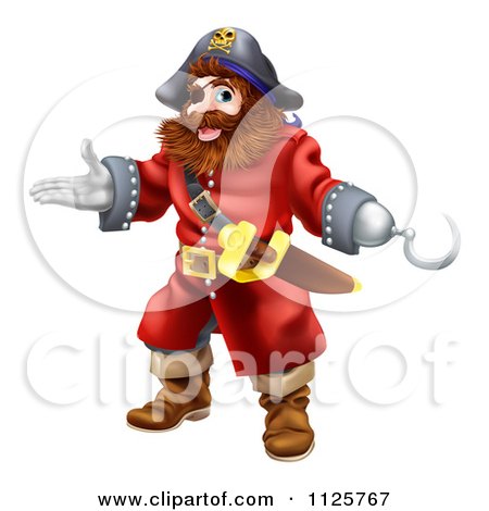 Clipart Of A Happy Presenting Male Pirate With A Hook Hand - Royalty Free Vector Illustration by AtStockIllustration