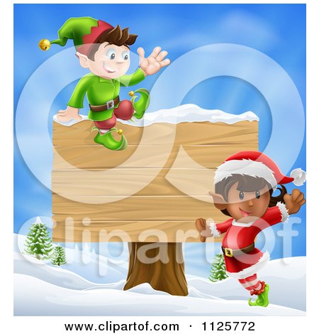Clipart Of Energetic Christmas Elves By A Wooden Sign In A Winter Landscape - Royalty Free Vector Illustration by AtStockIllustration