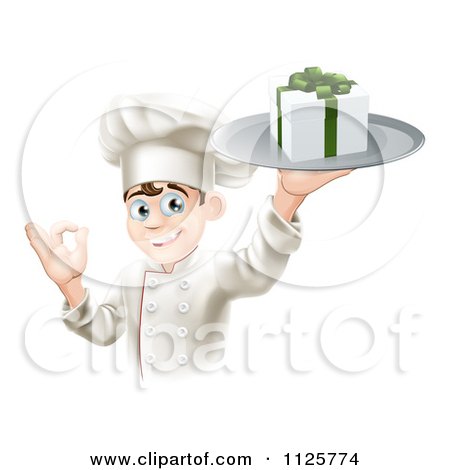 Clipart Of A Happy Chef Holding A Gift On A Platter And Gesturing Okay - Royalty Free Vector Illustration by AtStockIllustration