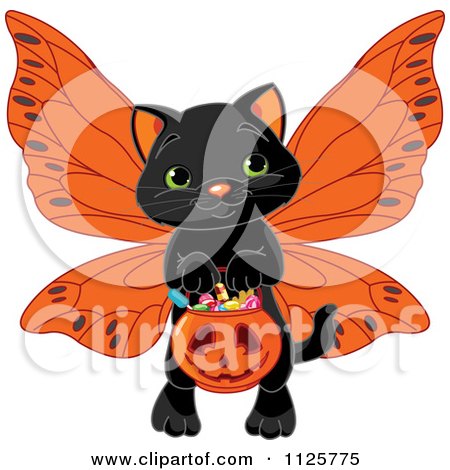 Cartoon Of A Cute Black Halloween Cat Wearing Wings And Trick Or Treating - Royalty Free Vector Clipart by Pushkin