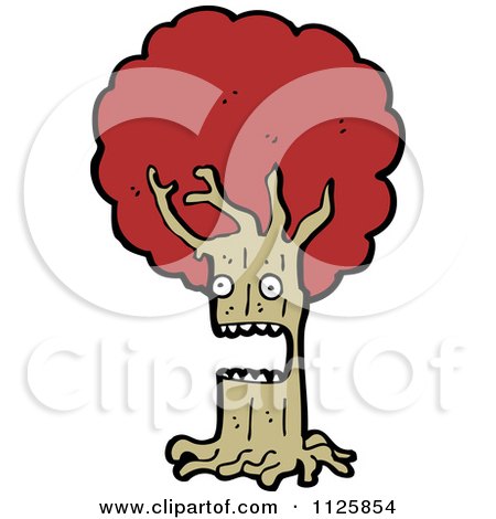 Cartoon Of An Ent Tree With Red Autumn Foliage 7 - Royalty Free Vector Clipart by lineartestpilot