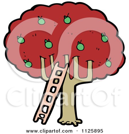 Cartoon Of A Ladder And A Green Apple Tree With Red Autumn Foliage - Royalty Free Vector Clipart by lineartestpilot