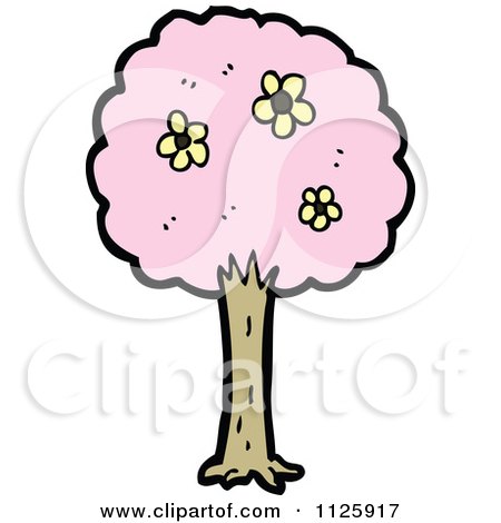 Cartoon Of A Flowering Tree With Pink Foliage 3 - Royalty Free Vector Clipart by lineartestpilot