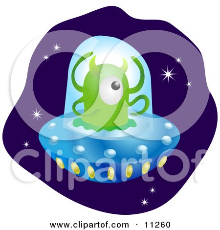 One Green Alien With Horns and Four Arms Flying a UFO in Space Clipart Illustration by AtStockIllustration
