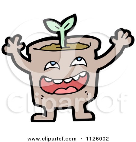 Cartoon Of A Happy Pot With A Seedling Plant 1 - Royalty Free Vector Clipart by lineartestpilot