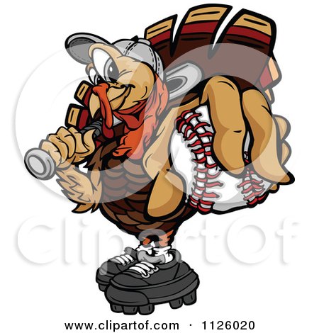 Cartoon Of A Turkey Bird Mascot Holding Out A Baseball - Royalty Free Vector Clipart by Chromaco
