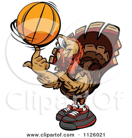 Cartoon Of A Turkey Bird Mascot Spinning A Basketball - Royalty Free Vector Clipart by Chromaco