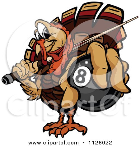 Cartoon Of A Turkey Bird Mascot Holding Out A Billiards Eight Ball - Royalty Free Vector Clipart by Chromaco