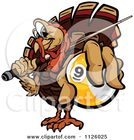 Cartoon Of A Turkey Bird Mascot Holding Out A Billiards Nine Ball - Royalty Free Vector Clipart by Chromaco