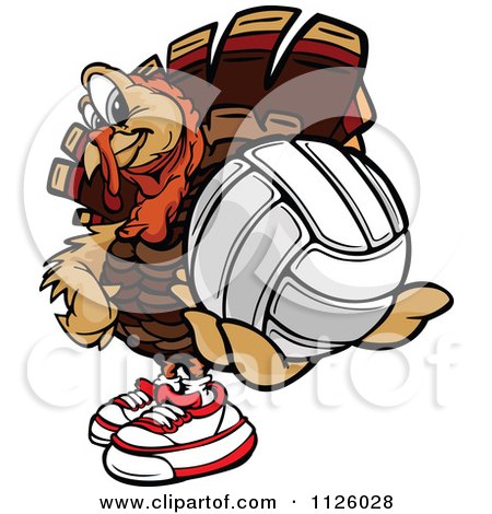 Cartoon Of A Turkey Bird Mascot Holding Out A Volleyball - Royalty Free Vector Clipart by Chromaco