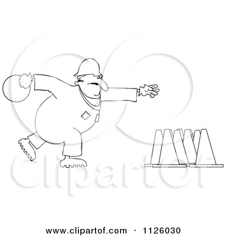 Cartoon Of An Outlined Worker Bowling For Construction Cones - Royalty Free Vector Clipart by djart