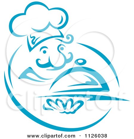 Clipart Of A Blue Happy Chef With A Cloche - Royalty Free Vector Illustration by Vector Tradition SM