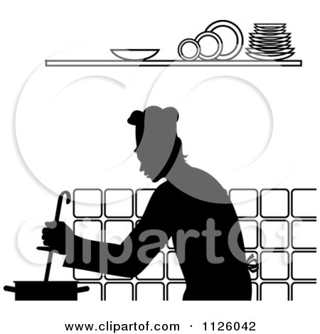 Clipart Of A Black And White Chef Cooking In A Kitchen 1 - Royalty Free Vector Illustration by Vector Tradition SM