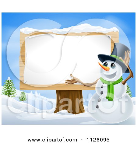 Clipart Of A Winter Snowman Presenting A Wooden Sign - Royalty Free Vector Illustration by AtStockIllustration