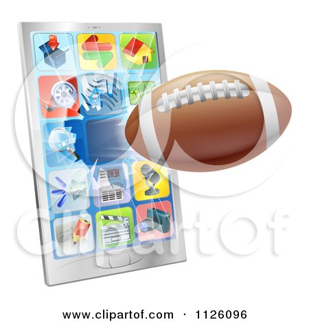 Clipart Of A 3d Football Flying Through And Breaking A Smart Cell Phone Screen - Royalty Free Vector Illustration by AtStockIllustration