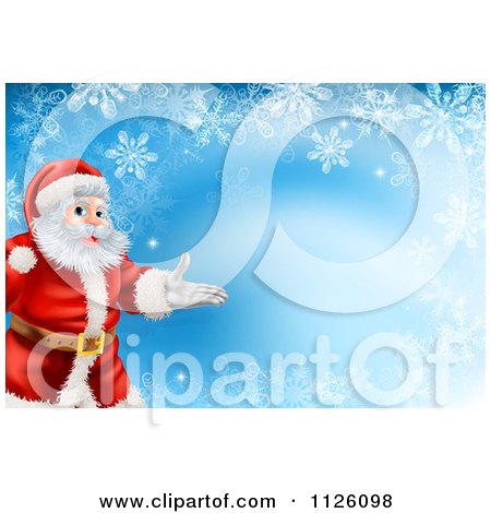Clipart Of A Christmas Background Of Santa Presenting Over Snowflakes On Blue - Royalty Free Vector Illustration by AtStockIllustration