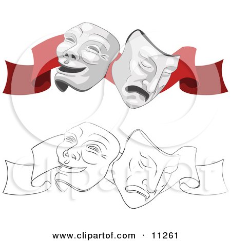Two Face Masks, One Happy and One Sad, on a Red Ribbon for a Theater Clipart Illustration by AtStockIllustration